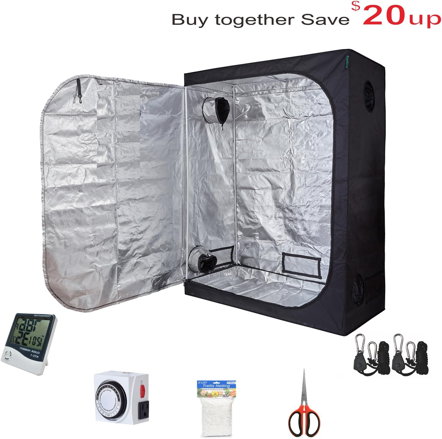 TopoGrow Grow Tent Kit 60"X32"X80" Indoor Plants Growing +Analog Timer +Humidity Hygrometer Monitor + 5X15FT Plant Trellis Netting+ 60mm Pruner Shear+Grow Light Hangers