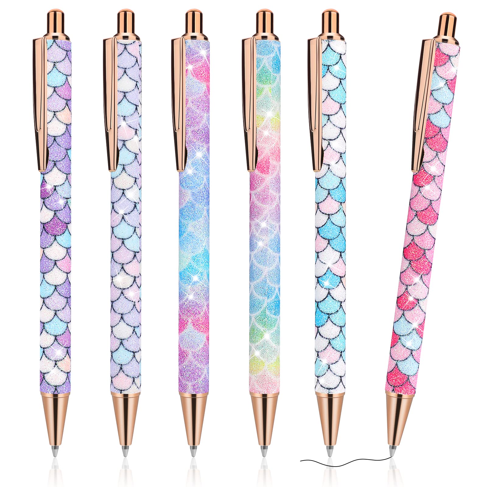 Molain 6 Pcs Bling Sparkly Metal Pens, Retractable Ballpoint Cute Glitter 1.0mm Black Ink Fine Point Gift Writing Journaling for Kids Students Teachers Drawing Gift(Fish Scale Style)
