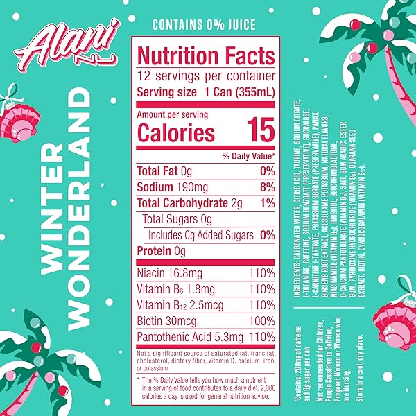 ALANI NU WINTER WONDERLAND, SUGAR FREE, LOW CALORIE ENERGY DRINKS, 200MG CAFFEINE, BIOTIN, B VITAMINS, ZERO SUGAR, 10 CALORIES, 12 FL OZ CANS, 24 PACK