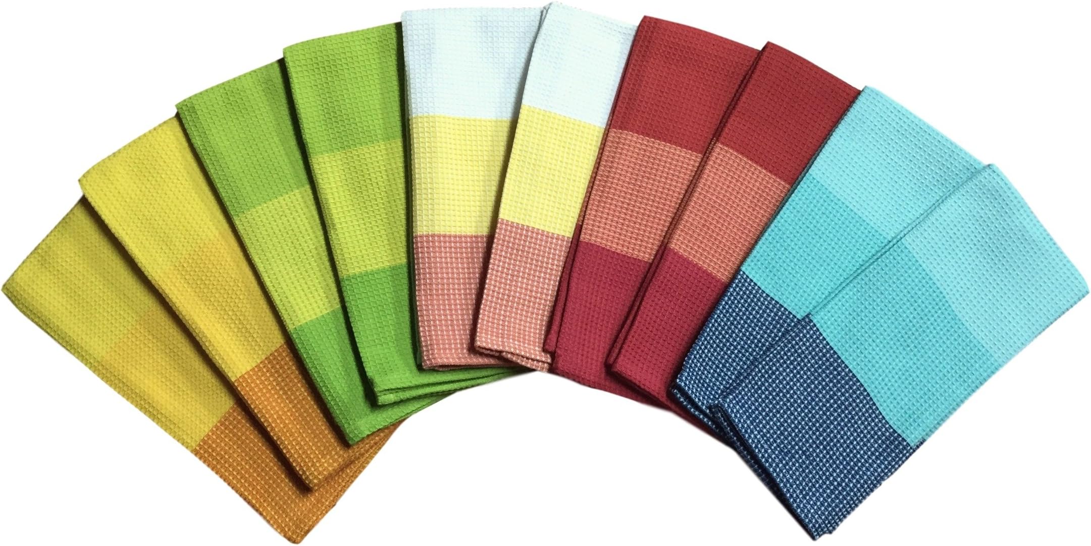 10 Pack Bright Summer Colorful Stripe 100% Cotton Waffle Weave Kitchen Towels