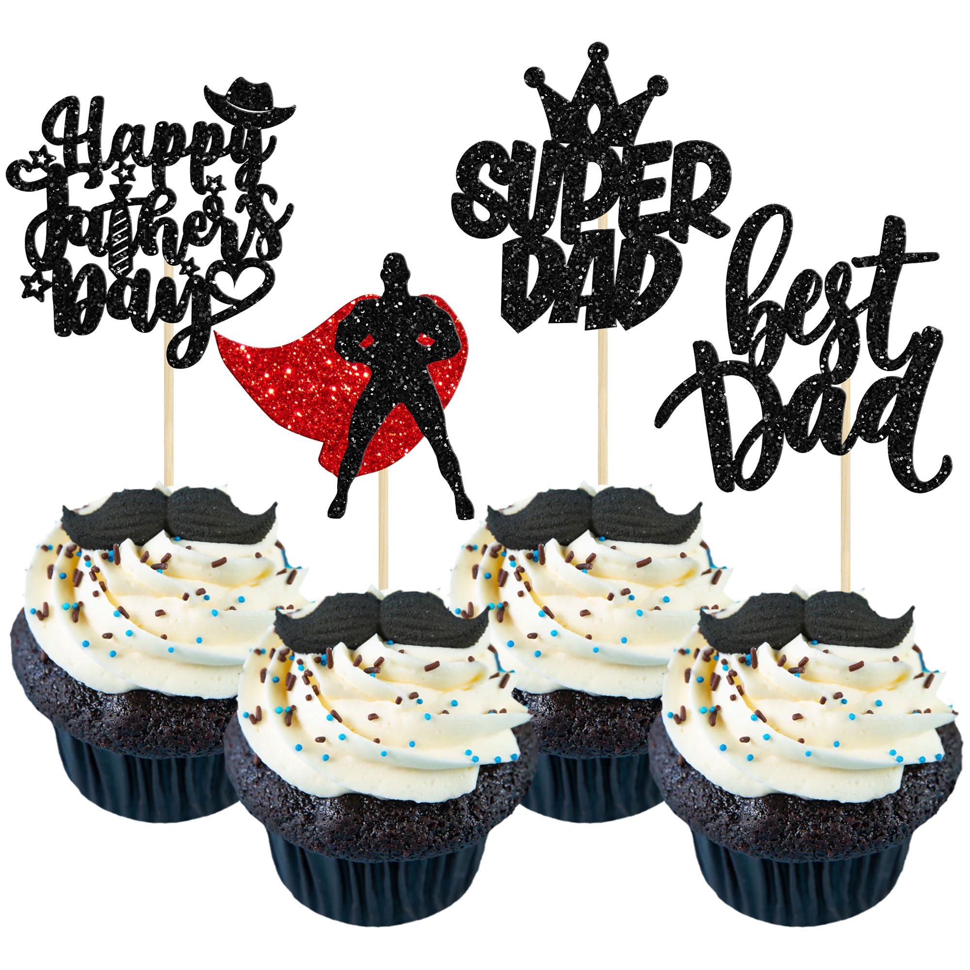 Gyufise 24Pcs Happy Father's Day Cupcake Toppers Black Glitter Best Dad Super Dad Cupcake Picks for Happy Father's Day Theme Party Cake Decorations Supplies
