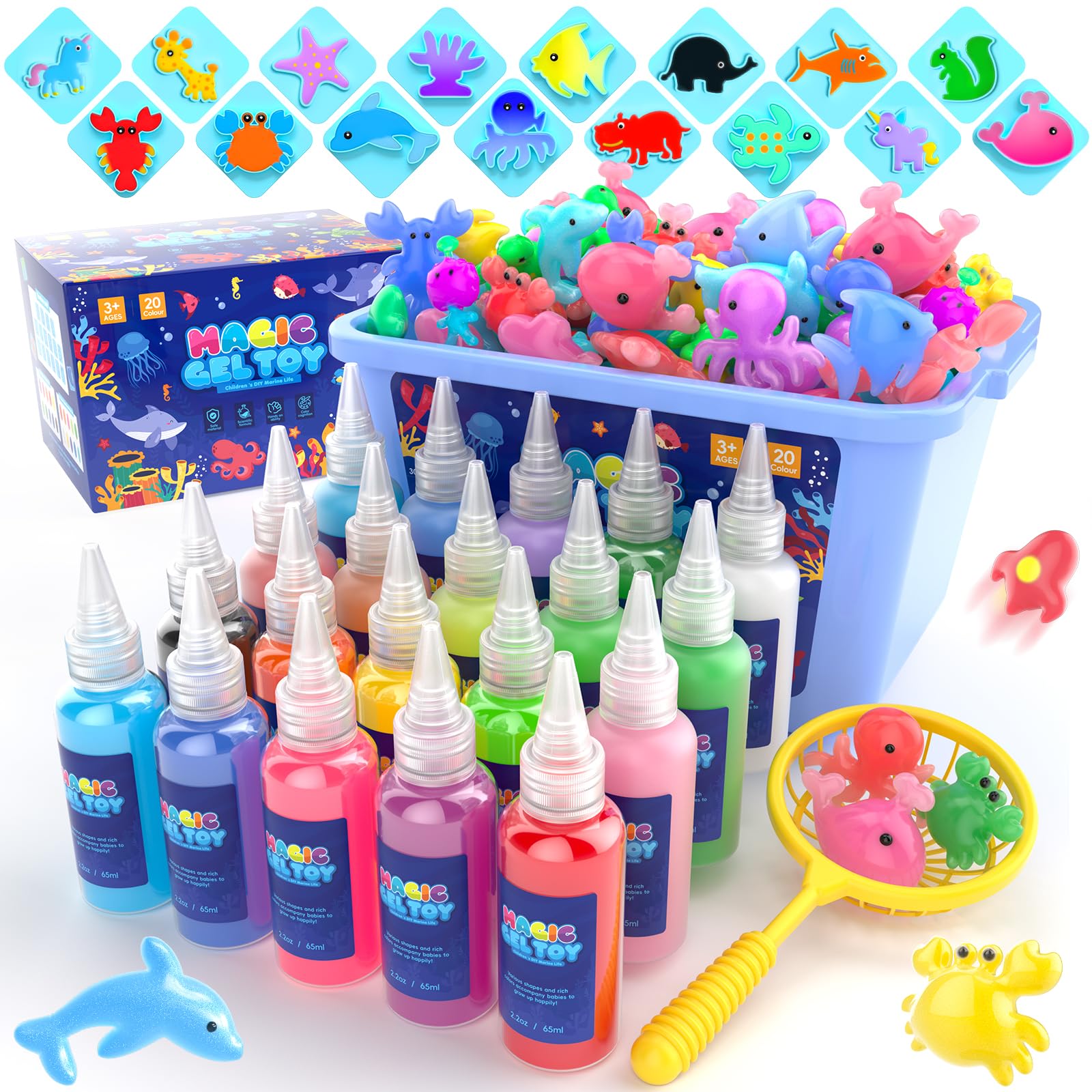 Flooyes Magic Elf Water Toy Kit, Aqua Water Gel Magic Elf Pets Kit for Kids, Squishy Maker Toy with 20 Magic and 16 Shape Molds Pets, Birthday Gifts Crafts DIY for Kids, Make Your Own Squishies