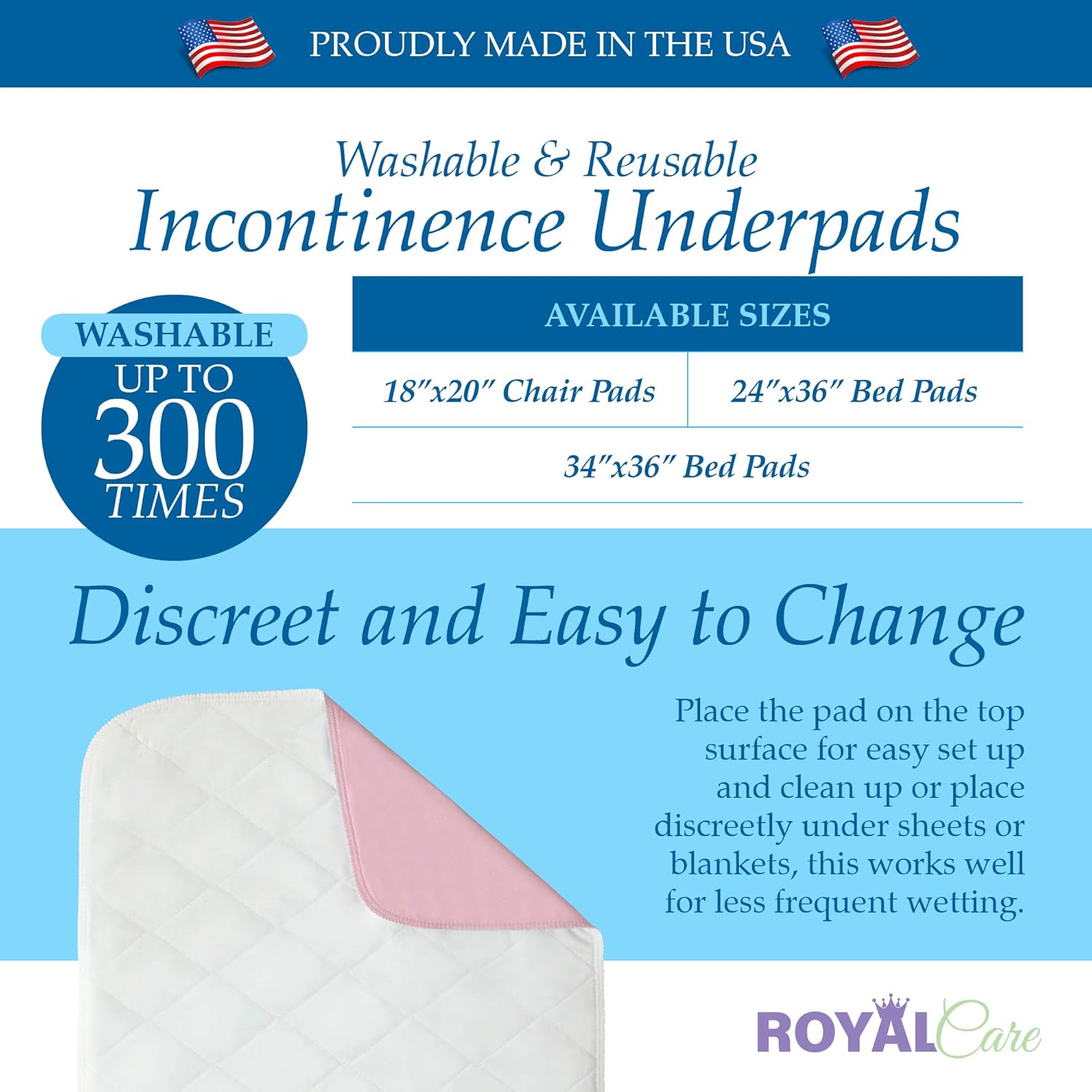 Incontinence Bed Pads - 4 Pack 24” x 36” Reusable Waterproof Mattress Protectors - Highly Absorbent, Machine Washable - for Children, Pets and Seniors - Assorted Colors - Made in USA - Royal Care: Health & Personal Care