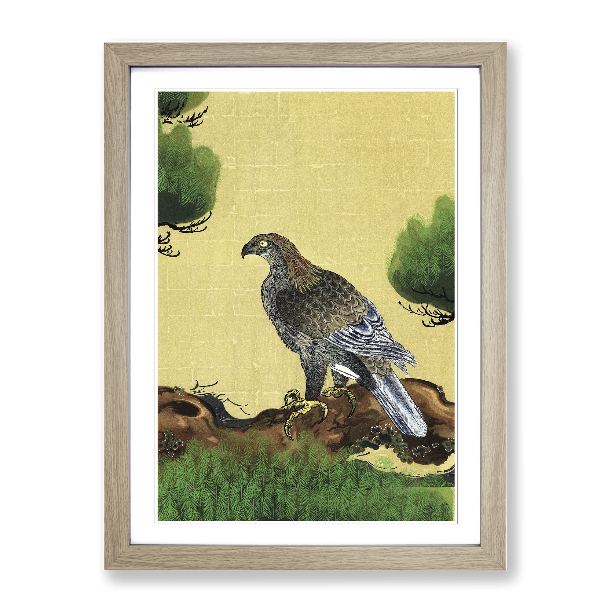 Pine Tree & Eagle By Kano Tan'Yu Asian Japanese Framed Wall Art Print, Ready to Hang Picture for Living Room Bedroom Home Office Décor, Oak A4 (34 x 25 cm)