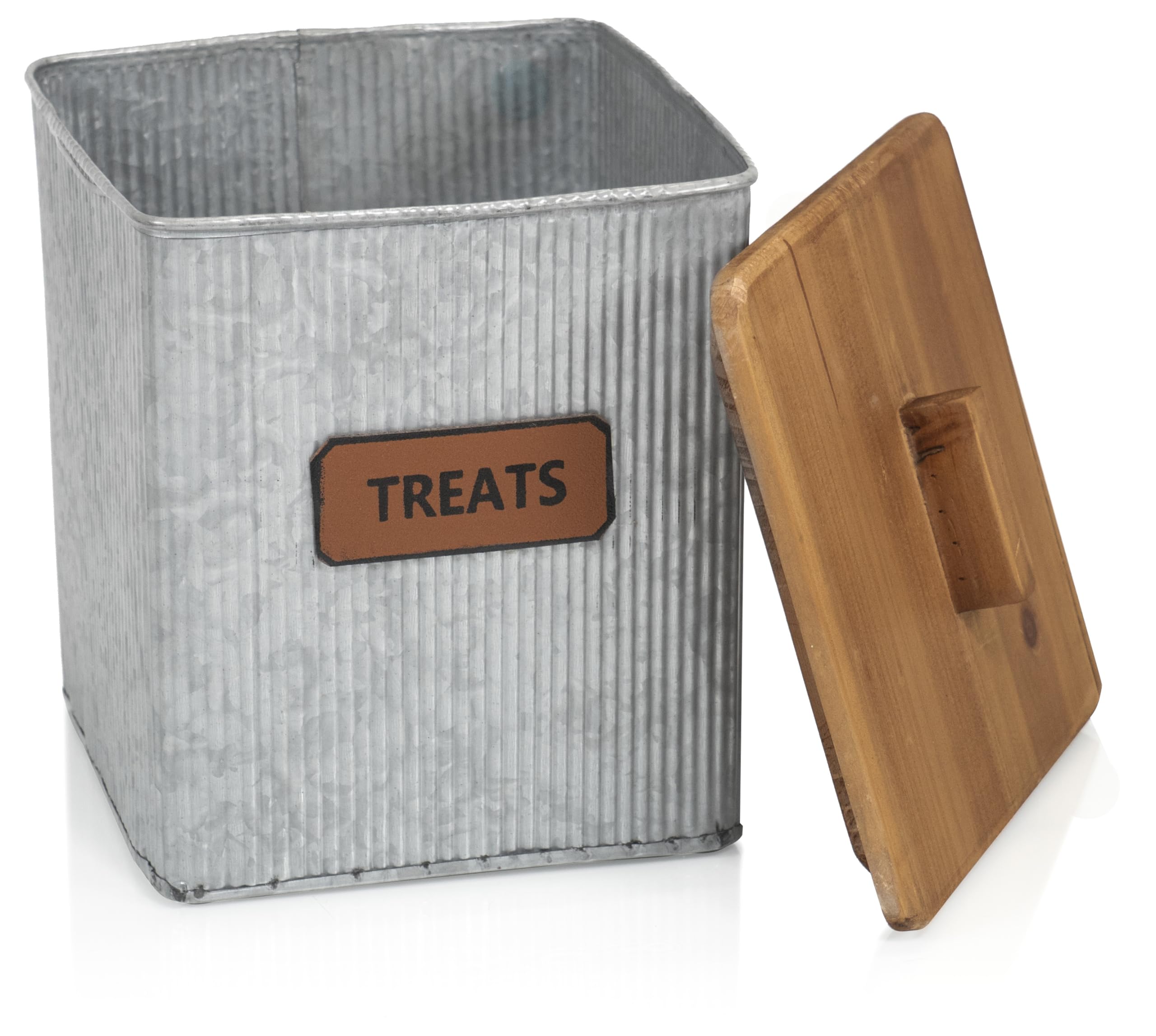 Photo 1 of Red Co. Dog & Cat Treats Corrugated Metal Storage Canister with Wooden Lid, Distressed, 7.25" x 8”