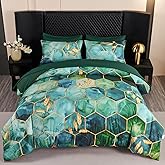ANGIYUIN 7 Pieces Turquoise Gold Marble Comforter Set Queen Watercolor Printed Bedding Comforter Set Luxury Gold Trim Bed Set Hexagon Honeycomb Bed in A Bag with Sheets(Queen Teal Green)