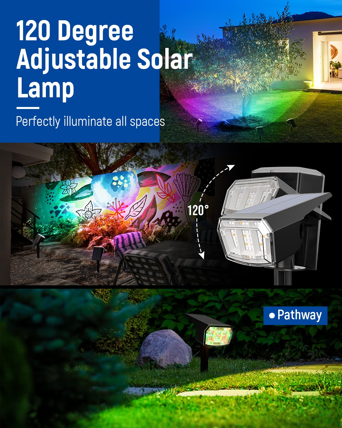 AUDERWIN Solar Spot Lights Outdoor, 9 Lighting Modes RGB, Solar Lights Outdoor Waterproof IP65, 63 LED Landscape Spotlights for Holiday Decorations