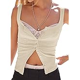 Neweek Women's Sleeveless Vest Button Front Tank Tops Ribbed Knit Square Neck Picot Trim Slim Fitted Y2K Shirts 2025