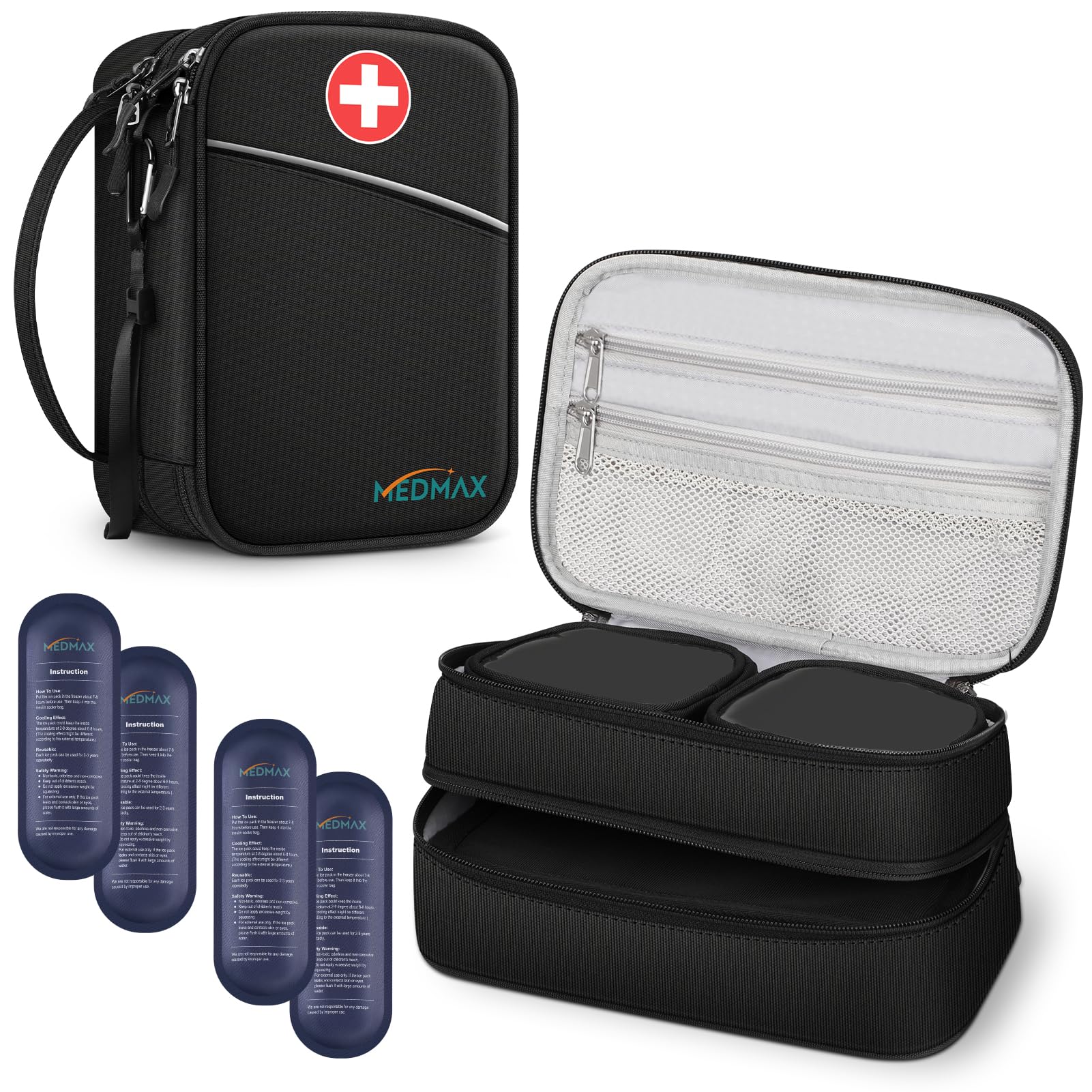 MEDMAX Insulin Cooler Travel Case with 4 Ice Packs TSA Approved, Double-Layer Insulated Diabetic Meds Organizer with Extra Pouches for Insulin Pens, Blood Glucose Monitors and Other Supplies, Black