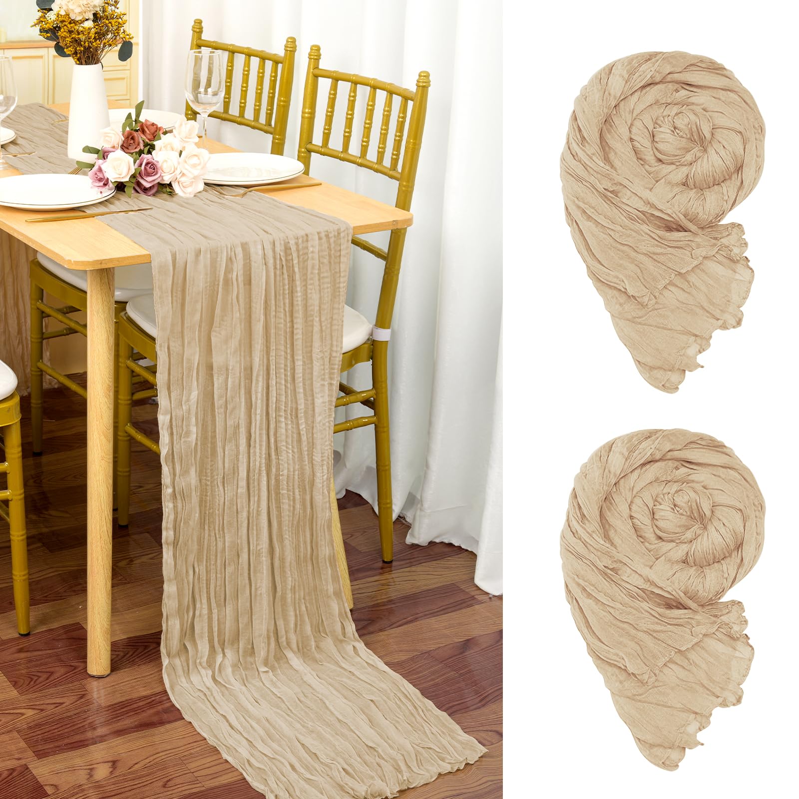 YMHPRIDE 2 Packs Cheesecloth Table Runner Beige, 90x300cm Light Brown Rustic Gauze Fabric Boho Table Runner, Cheesecloth Wedding Table Decor for Wedding Party Bridal Shower Table Decorations