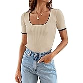 ZESICA Women's Short Sleeve Square Neck Color Block T Shirt 2026 Summer Slim Fit Ribbed Knit Basic Tee Tops