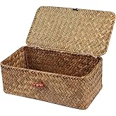 Moosky Wicker Shelf Baskets with Lid,Handwoven Seagrass Basket for Storage Basket Bins Rectangular Home Organizer Gift Boxes (Natural Small)