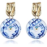 Melhill Blue and White Porcelain Earrings for Sensitive Ears Chinese Ceramic 18K Gold-Plated Handcrafted Vintage Jewelry for Women