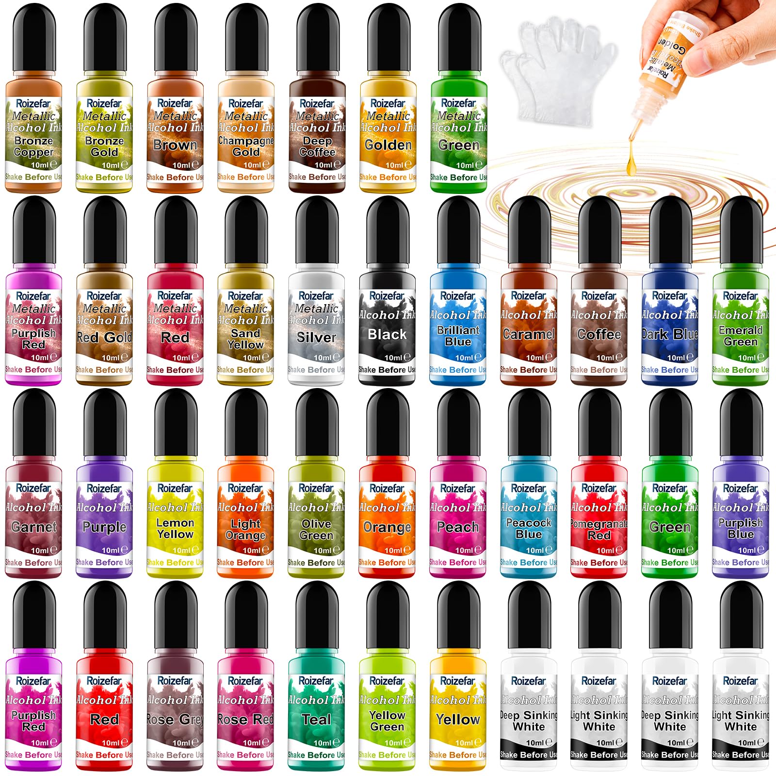 Roizefar Alcohol Ink Set - 40 Vivid Colour High Concentration Resin Dye with Metallic Dye, Safe and Fast Drying Effect, Alcohol Ink for Epoxy Resin, Art Painting, Glass, 10ml Each