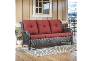 Belord 75Inch Outdoor Wicker Sofa - Standard 3 Seater with High Backrest, All Weather Rattan Patio Furniture for Balcony, Deck, Backyard, Brown Wicker/Red Cushion
