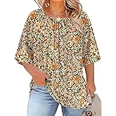 LOMON Womens Plus Size Tops Summer 3/4 Length Sleeve Crewneck Blouses Dressy Casual Loose Curvy Flowy Tunic Shirts 1X-5X