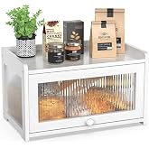 BAMBANG Bamboo Bread Box for Kitchen Countertop, Extra Large Farmhouse Bread Box with 4-Side Clear Panels, Wooden Bread Storage Container for Homemade Bread, White