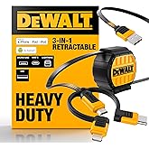 DEWALT 3 in 1 Retractable Multi Charging Cord, 3ft Fast Charger Cord, Multi Charger Adapter with Lightning/Type C/Micro USB P