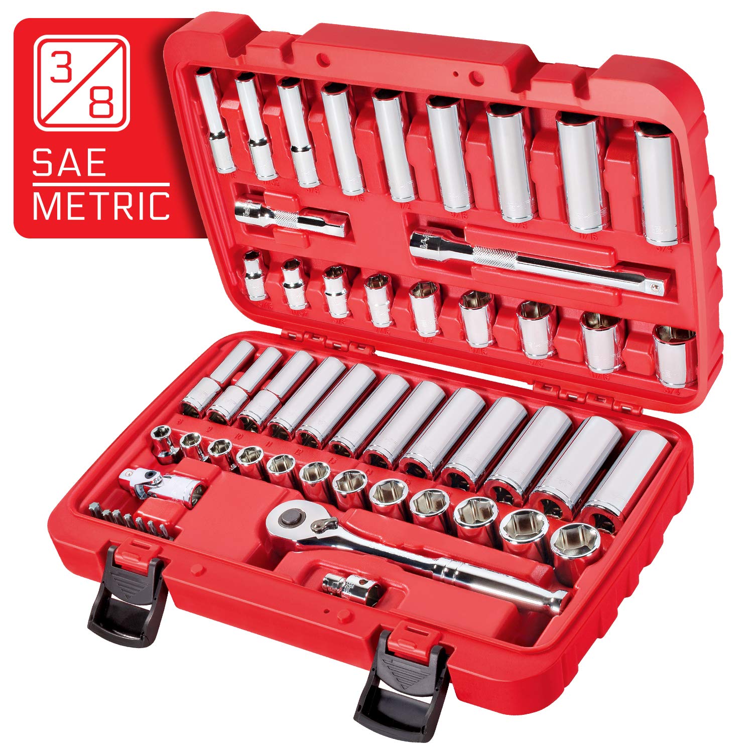 CARBYNE 3/8" Drive 6 Point Socket & Ratchet Set - 55 Piece | SAE & Metric. Includes Metric 8mm to 19mm, SAE 5/16" to 3/4". Chrome Vanadium Steel • From a Family-Run Tool Company Based in the U.S.A.