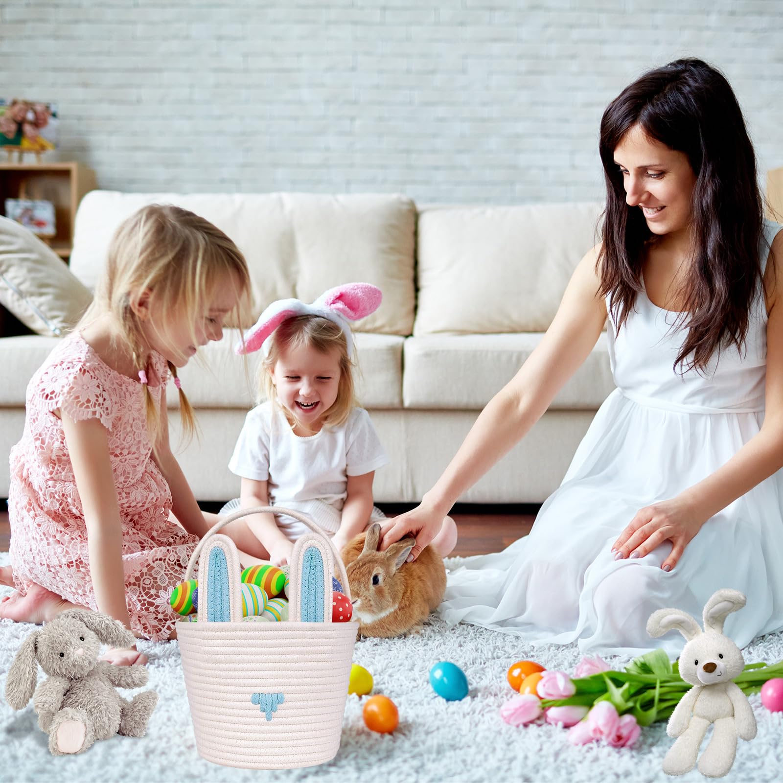 Easter Basket Empty Bunny Egg Baskets With Handle And Ears Easter Gifts Cute Woven Basket (blue)