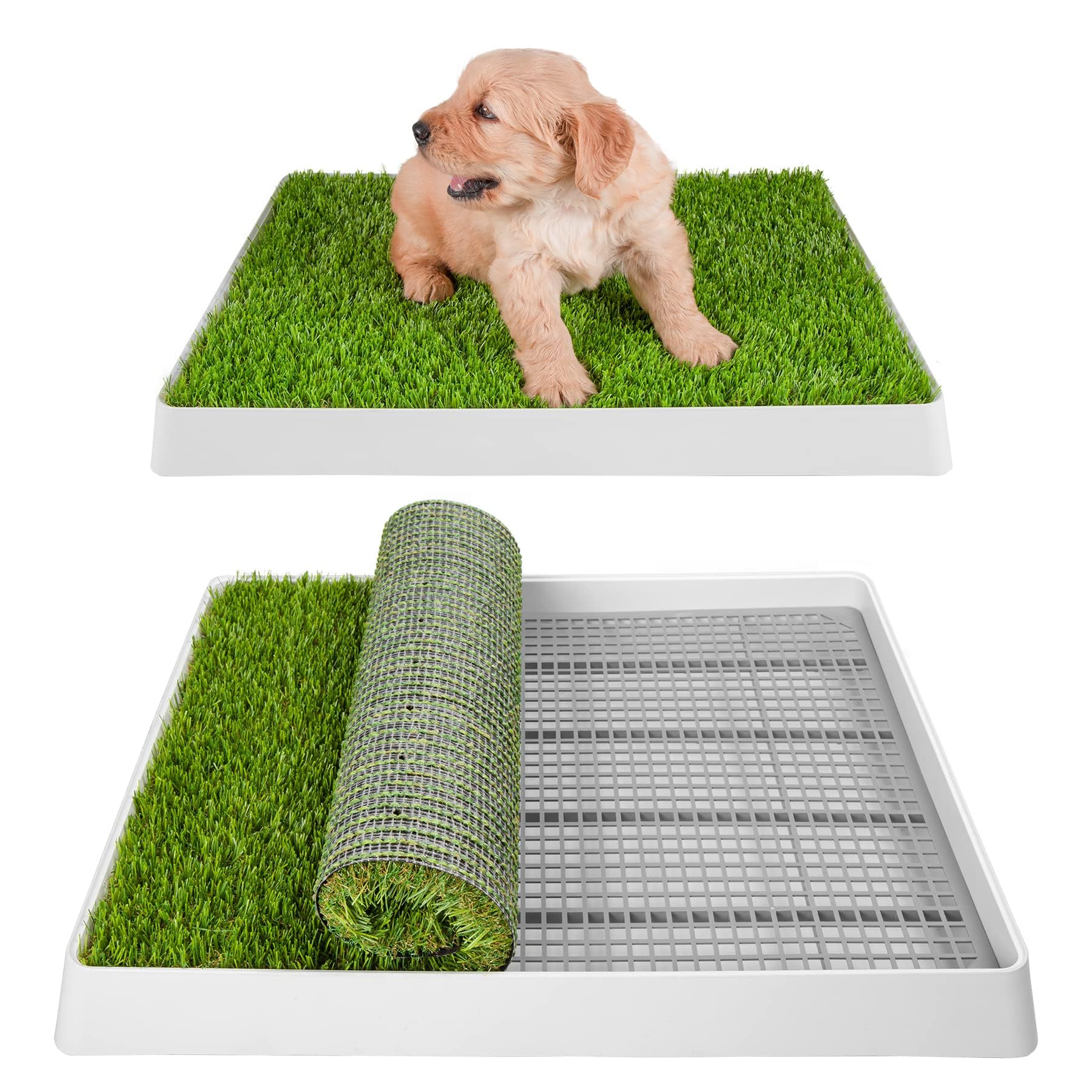 Photo 1 of (USAGE) SunTurf Dog Grass Pad with Tray, Dog Litter Box, Porch Potty for Puppy Pee Training, Indoor Portable Fake Grass Pee Pad System, Artificial Grass + Pee Pad Holder