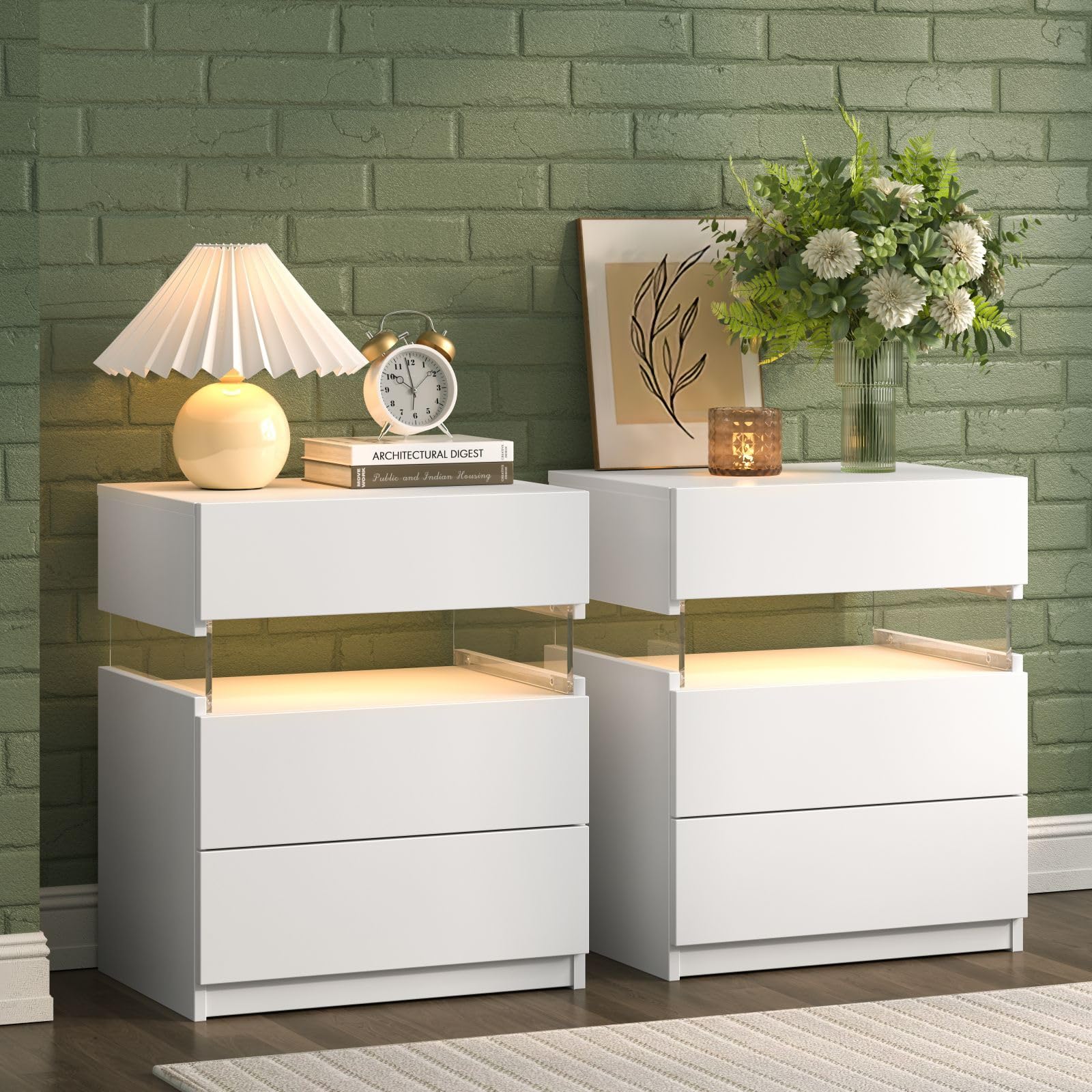 Cubehom Nachttisch 2er Set Weiß Nachtschrank mit 3 Schubladen Beistellschrank Nachttisch mit LED-Beleuchtung für Schlafzimmer, Weiß
