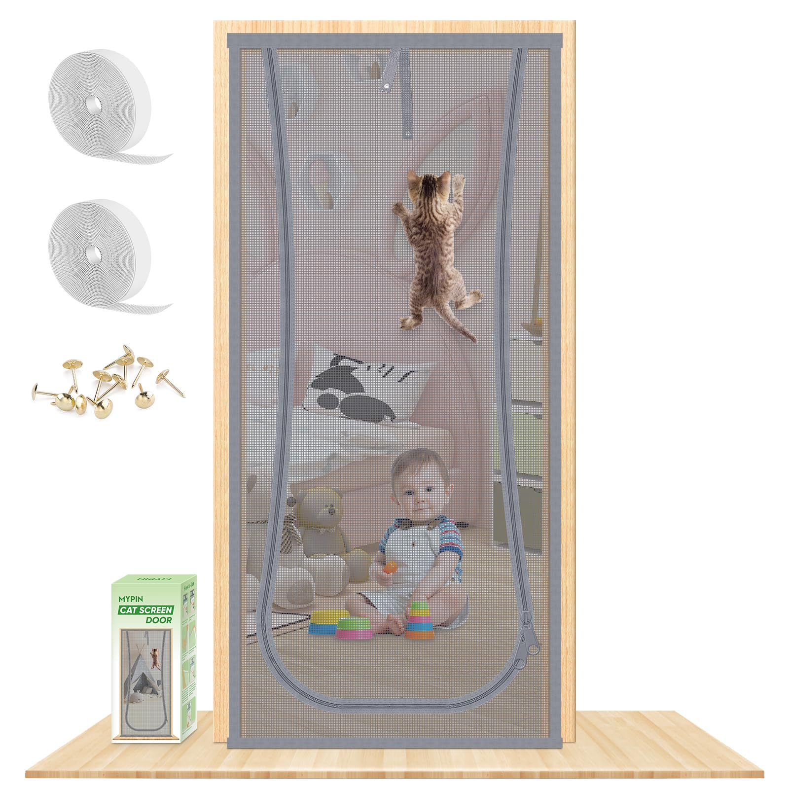 Photo 1 of New Reinforced Cat Screen Door, Fits Door Size 38''x 81'' Heavy Duty Pets Proof Screen Door with Bilateral Zipper, Prevent Dogs Cats Running Out from Home, Bedroom,Living Room, etc