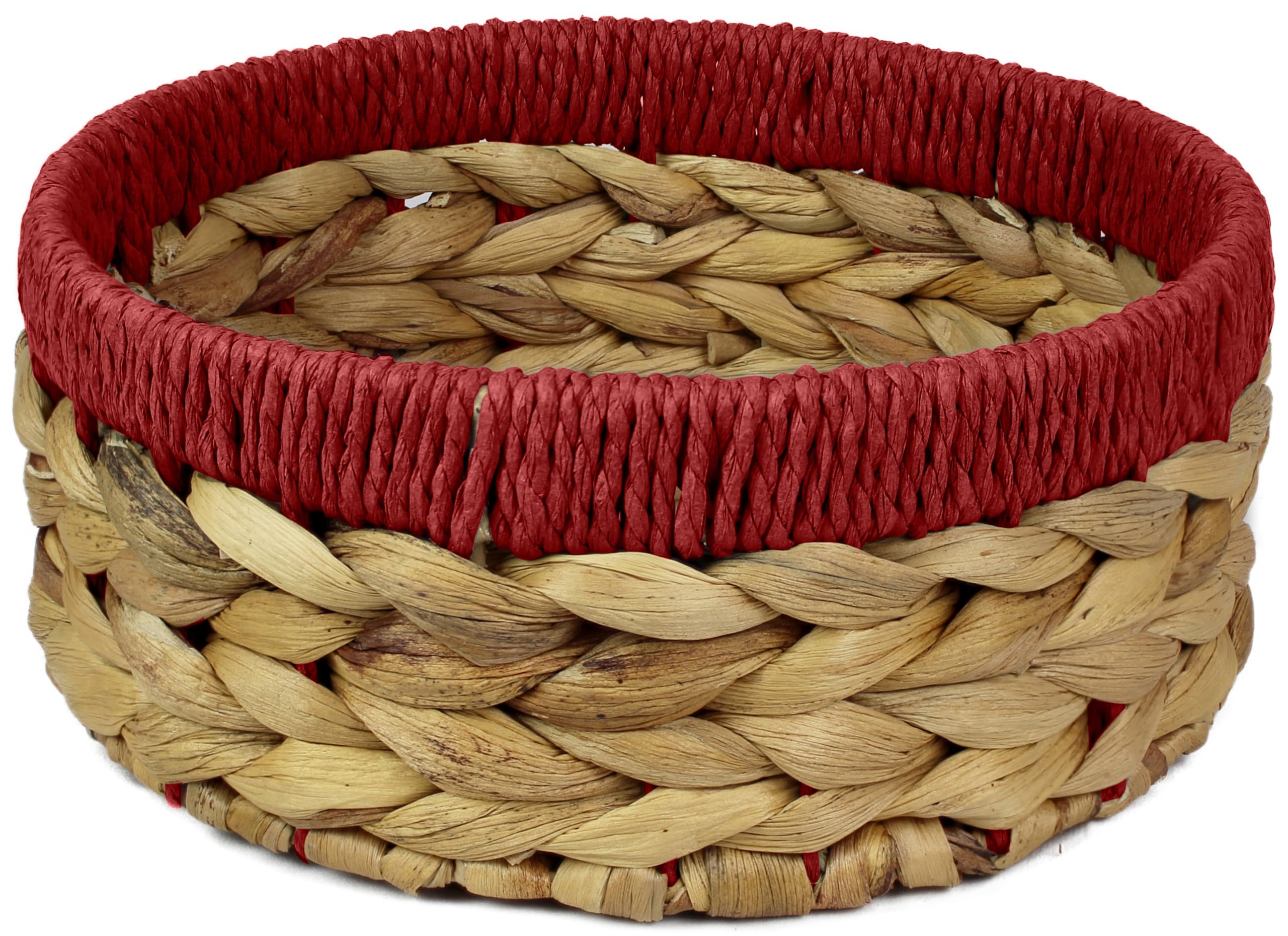 Small Water Hyacinth round baskets for storage Natural Red edges for shelves open hamper. Decorative gift mini tray make up Kitchen organiser (1 x Pack, Large 22 cm)