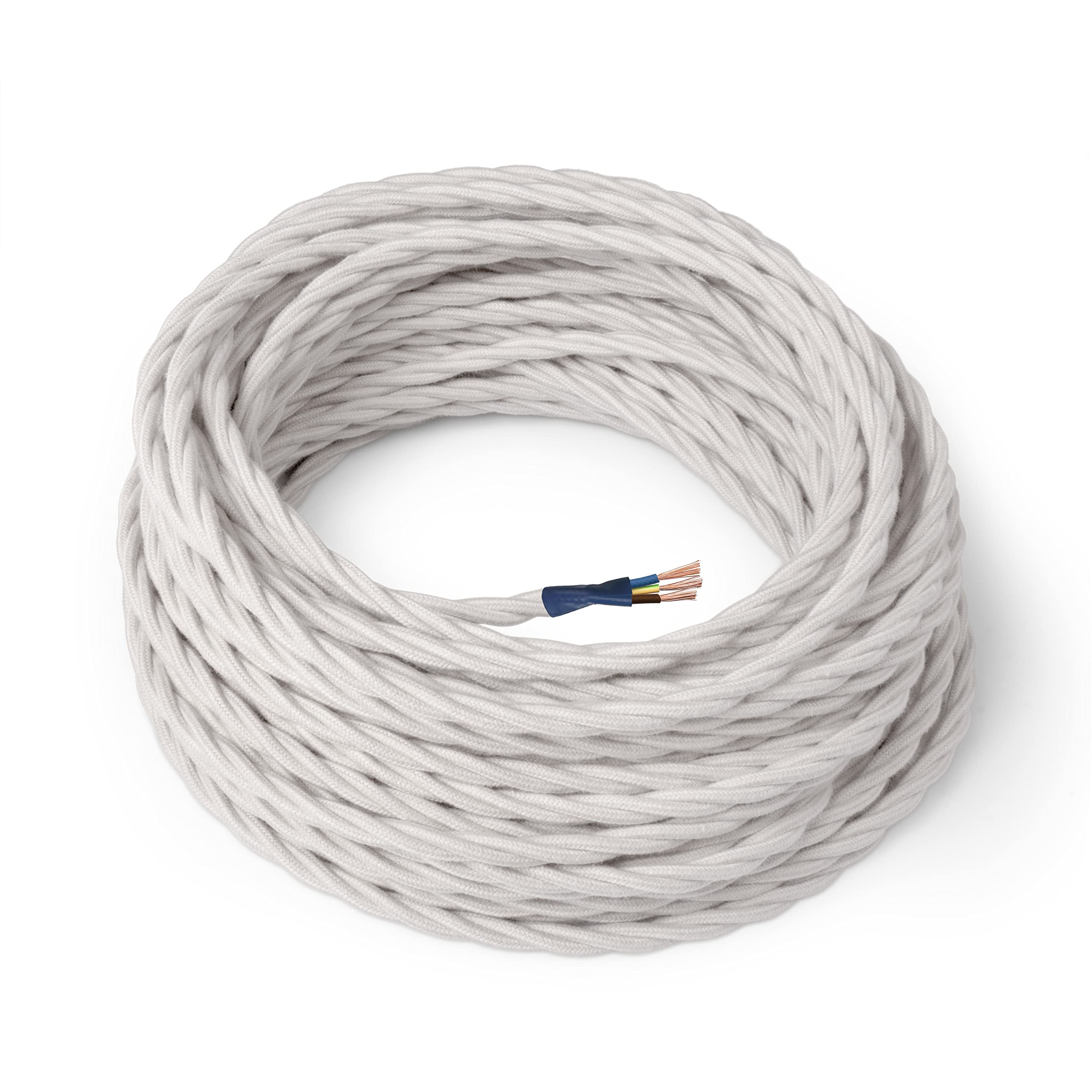 Amarcords - textile color WHITE electric cable, braided, cotton, 10 meters, with grounding 3x0,75mm - Wire coated in colored vintage fabric for chandeliers and lamps applique lampshades.
