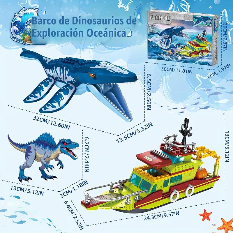 Set Construcción Dinosaurio Exploradores Océano 3 EN 1 Compatible con Dinosaurio Park World, Barco & Dinosaurios Mosasaurus Spinosaurus con Articulaciones Articuladas, Juguete Niños de 6-12 Años — foto 7 de 8