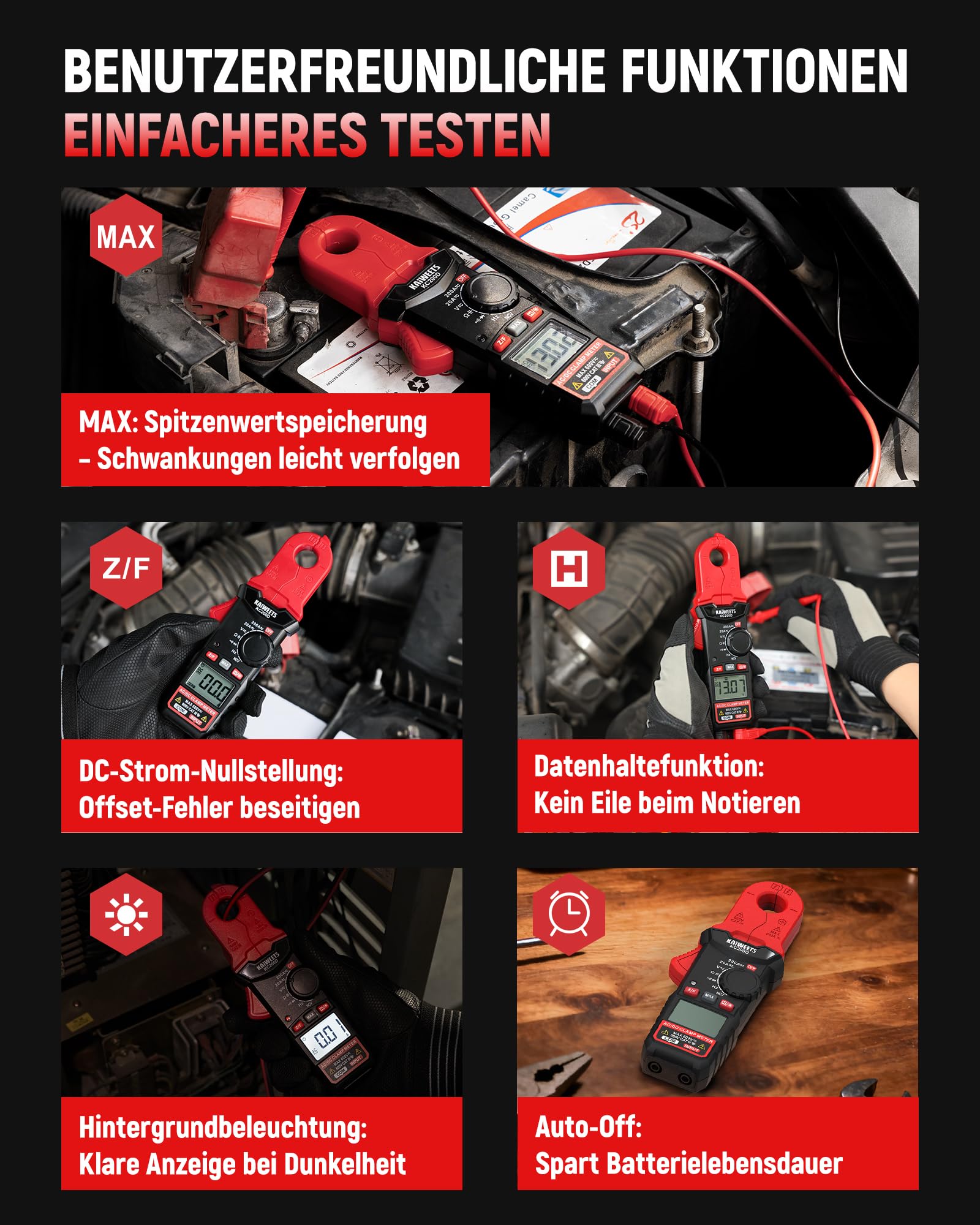 KAIWEETS Stromzange Digital True RMS, Mini Strommesszange AC/DC 2000 Counts NCV Spannungsprüfer Widerstands, Kapazitäts, Dioden, Frequenz für Elektriker, Auto Reparatur & HVAC Wartung 7