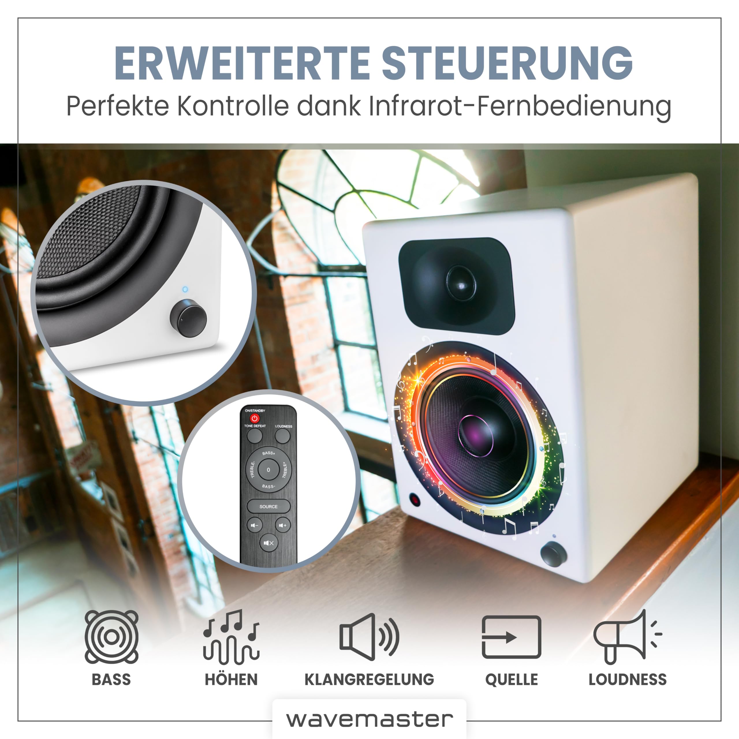 Wavemaster TWO PRO white – Regallautsprecher-System (110 Watt) mit Bluetooth-Streaming, digitalen Anschlüssen und IR-Fernbedienung Aktiv-Boxen Nutzung für TV/Tablet/Smartphone, mattweiß (66351) 7