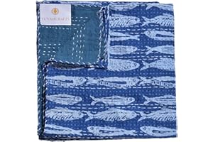 YUVANCRAFTS Indian Cotton Handmade New Kantha Quilt Hand Block Fish Print Queen Quilt Blanket Bedspreads Throw (Queen Size)