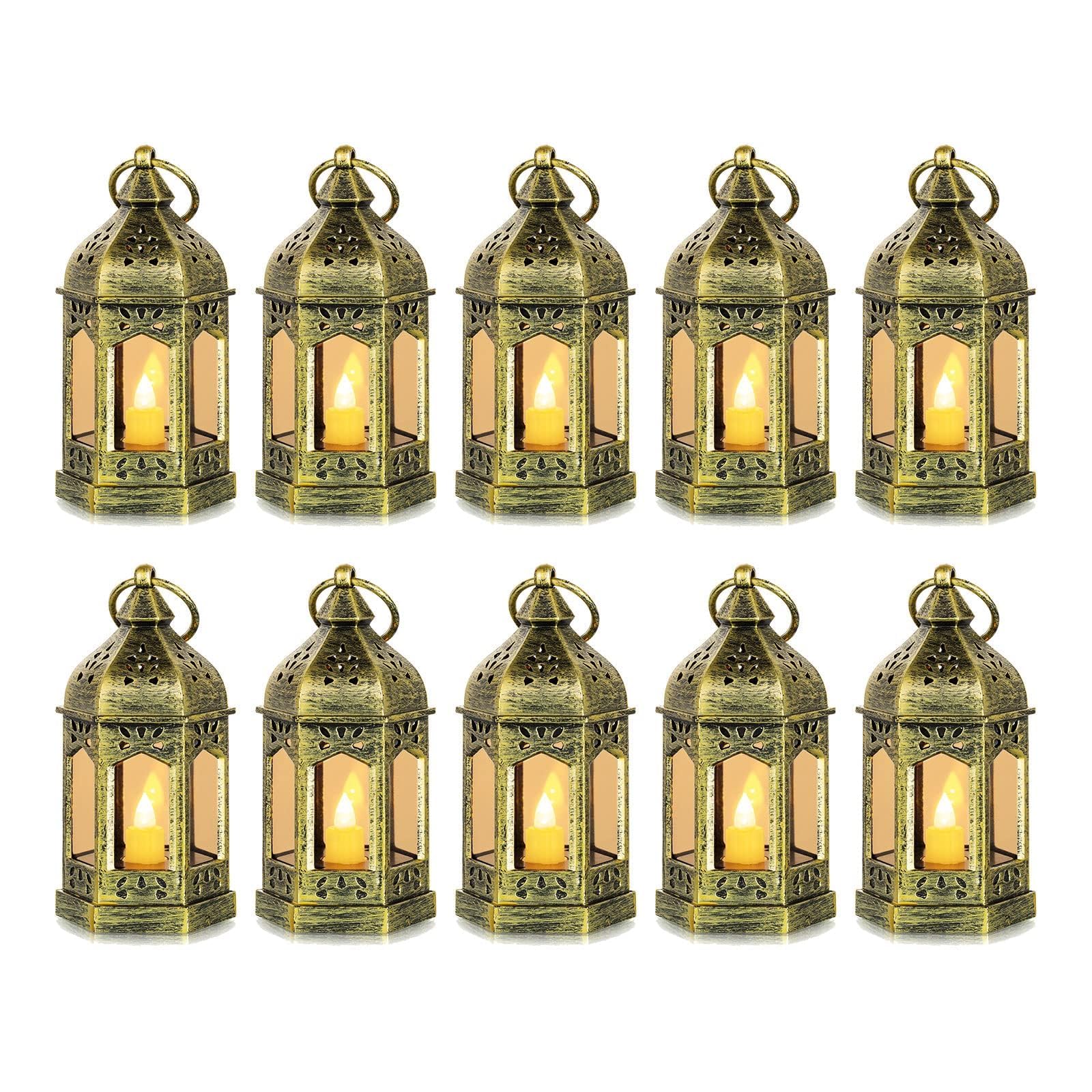 Romadedi Gold Candle Lantern Christmas - 10pcs Hanging Small Decorative LED Lantern Bulk for Halloween Table Decoration Wedding Decor Moroccan Ramadan