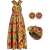 3 Pcs African Dresses for Women Elegant Set with Head Wrap and Earrings - African Attire Ankara Dashiki Print Maxi Skirt