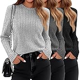 Huukeay 3 Pack Women's Long Sleeve Sweaters, Lightweight Crew Neck Shirts Regular Fit Tunic Tops Casual Solid Color Pullover