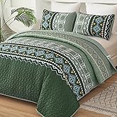 WONGS BEDDING Green Quilt Set Queen Size,3 Pieces Boho Bedspread Coverlet Set,Soft Bohemian Bedding Set Queen for All Season 96"×90"