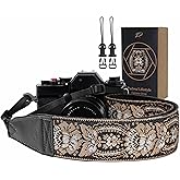 Padwa Lifestyle Camera Strap - 2" Full Grain Leather Ends Camera Straps for Photographers, Vintage Embroidered Cotton Weave Soft Suede Fabric Padded Strap Quick Release fits All Cameras