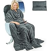 Tirrinia Travel Blanket and Pillow Set, Soft Compact Airplane Blanket with Foot Pockets, 4-in-1 Travel Essentials for Women Men, Portable Travel Gifts for Her, Travel Blanket for Airplanes, Cars
