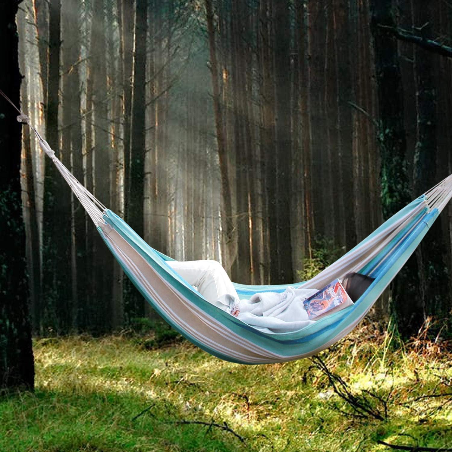 INNO STAGE Brazilian Hammock Canvas Hammock Portable Blue Hammock with Carry Bag for Backyard, Porch, Outdoor and Indoor Use (Blue & Green Stripes): Furniture & Decor
