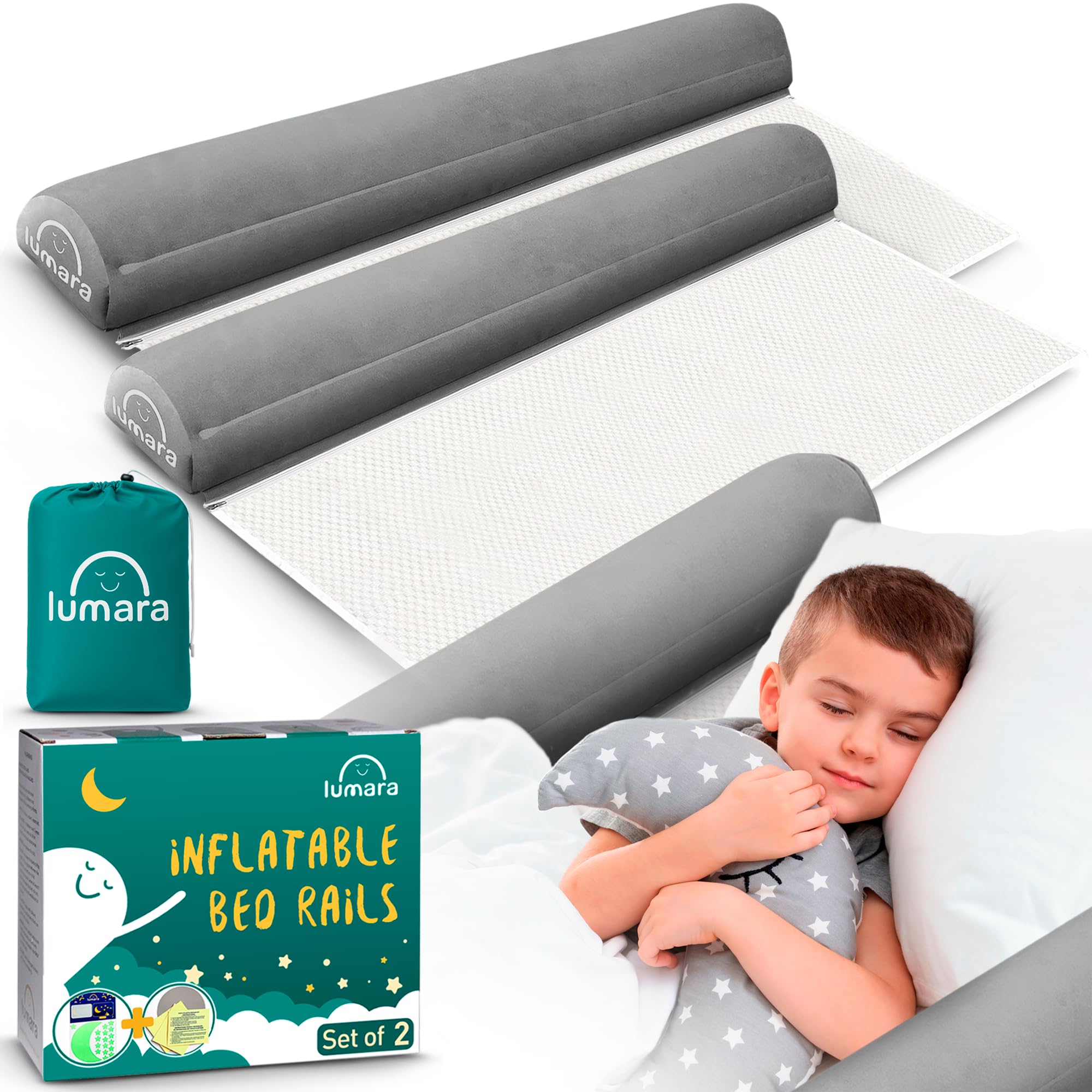 Photo 1 of LUMARA Inflatable Bed Rail for Toddlers 2 Pack - Portable Travel Bed Bumpers for Kids Fits Twin Full Queen King Size Beds - Non-Slip Safety Guard Rails