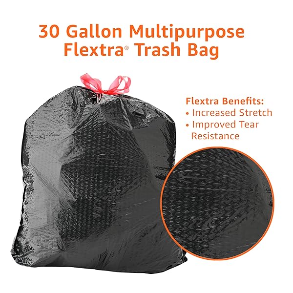AMAZON BASICS 30 GALLON FLEXTRA STRENGTH MULTIPURPOSE DRAWSTRING TRASH BAGS, 20% POST CONSUMER RECYCLED MATERIAL, TEAR RESISTANT, BLACK, 50 COUNT
