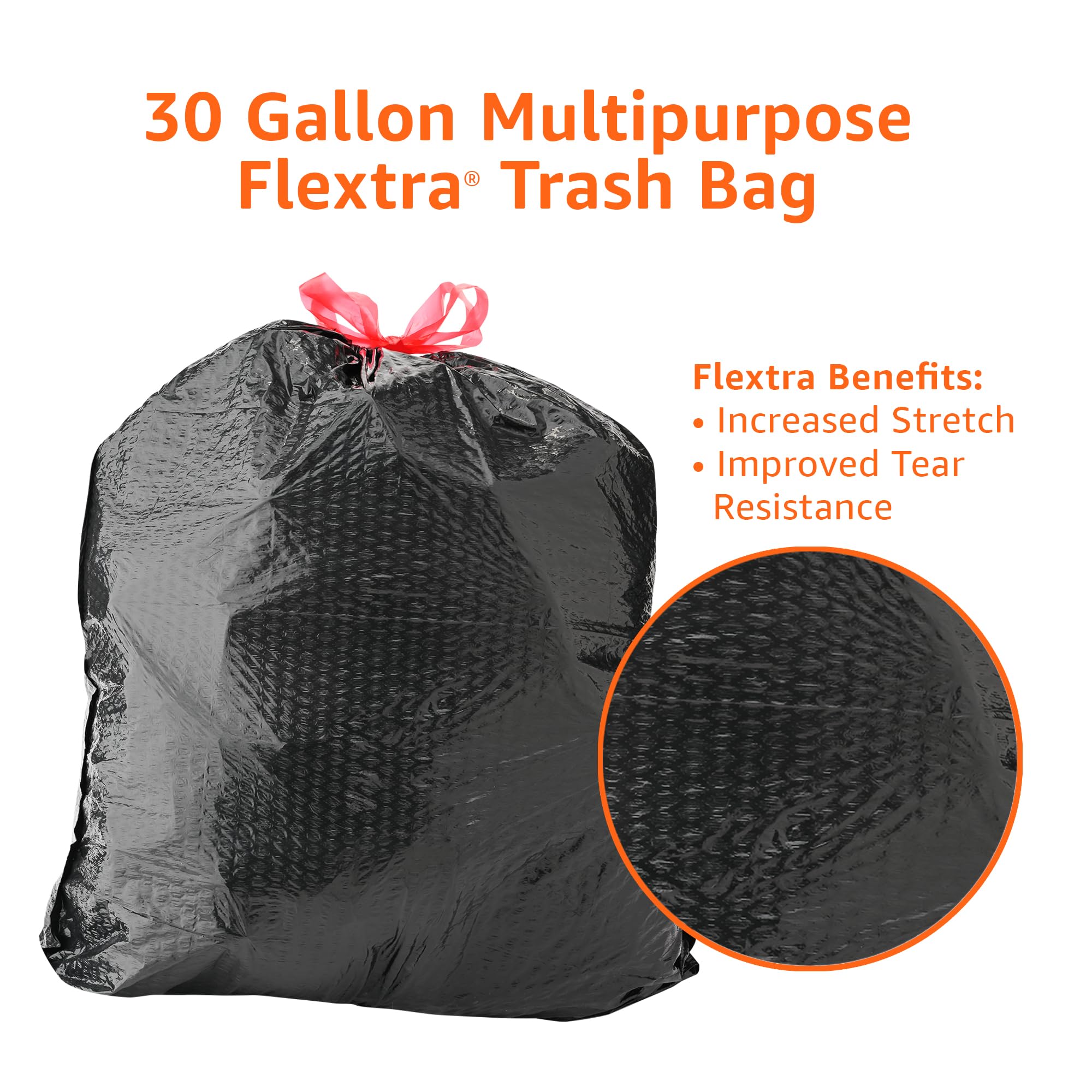 Amazon Basics 30 Gallon Flextra Strength Multipurpose Drawstring Trash Bags, 20% Post Consumer Recycled, 50 count