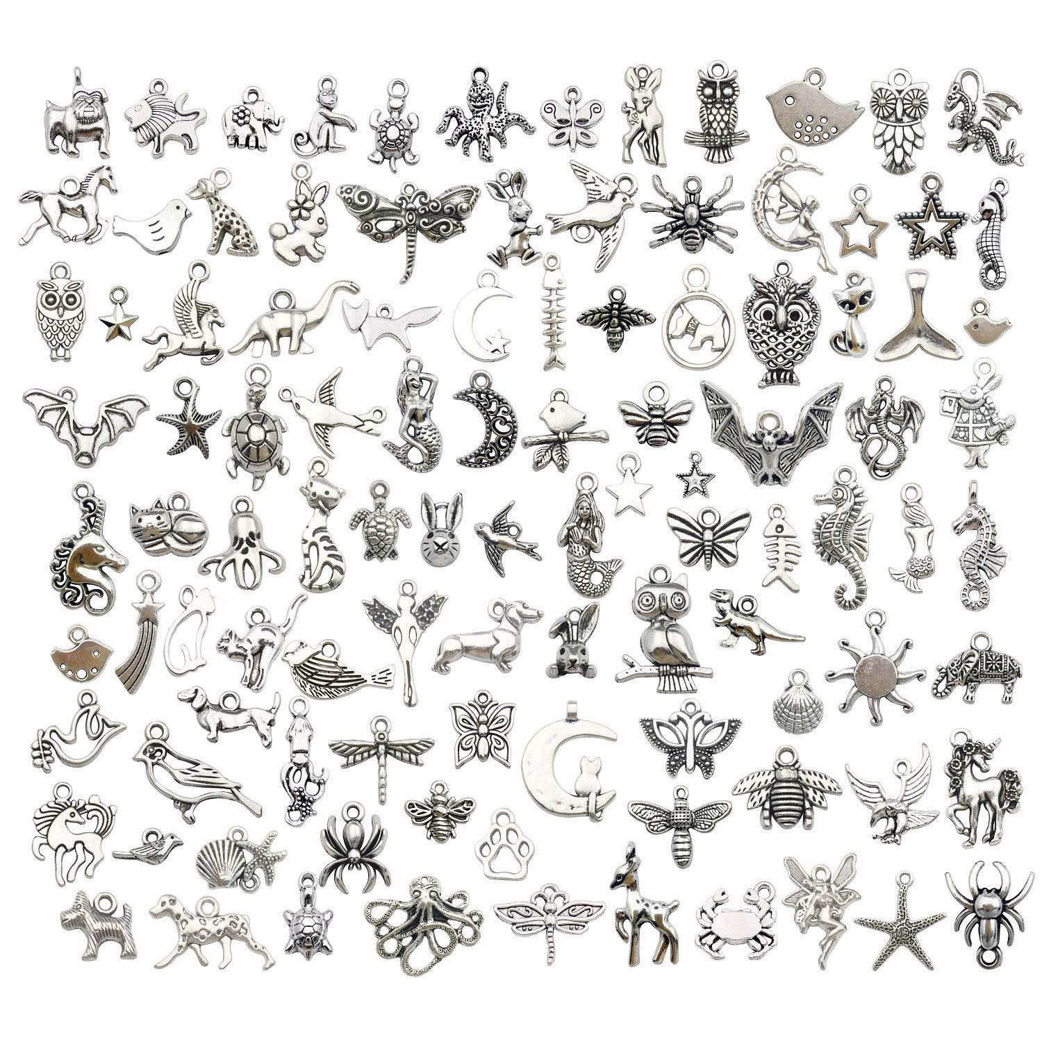 YoudiylaUK Wholesale 100pcs Mixed Animal Pendants Charms for Jewellery Making Crafting Tibetan Silver Bulk DIY for Necklace Bracelet Handmade WM289