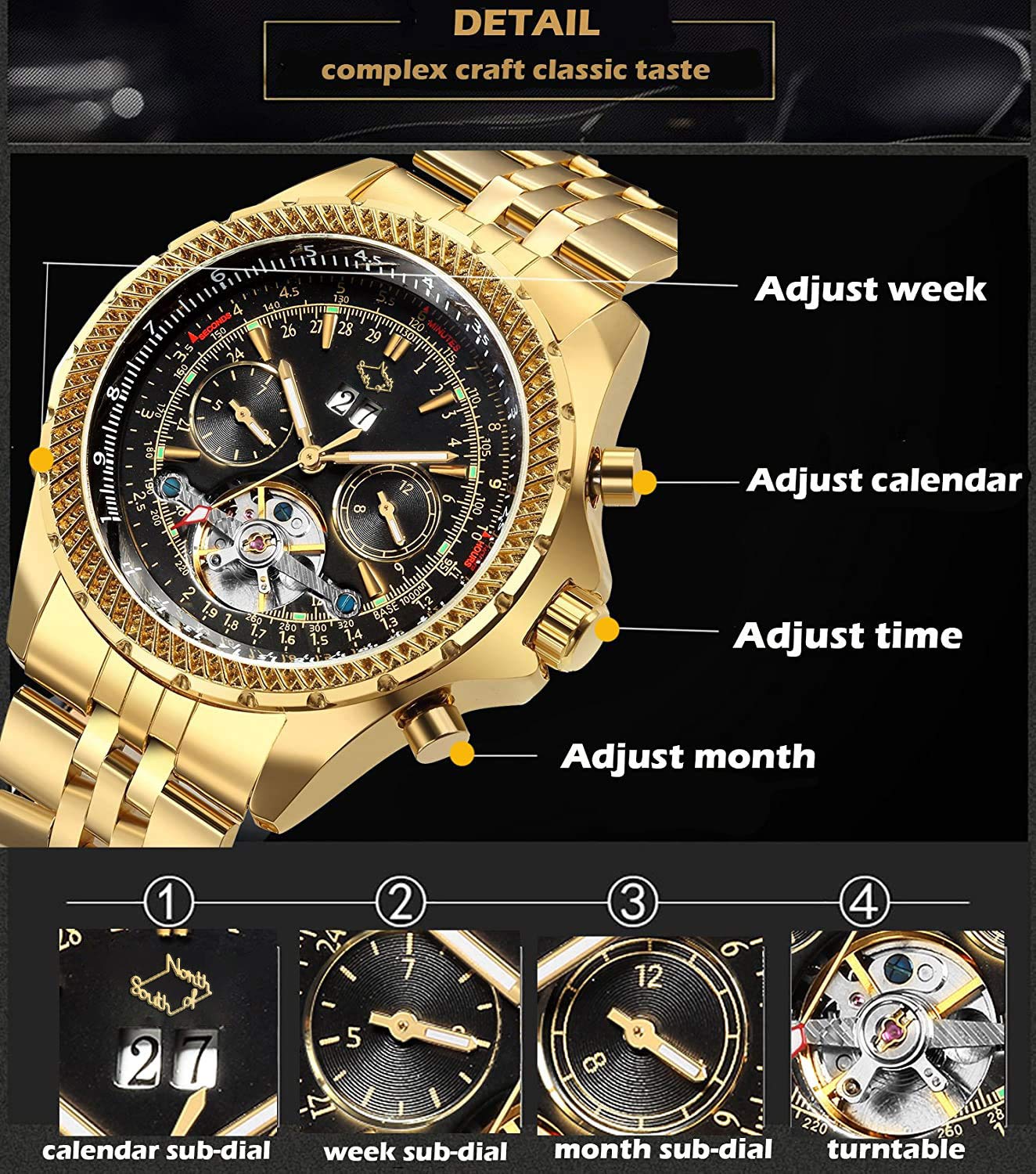 Gute Mens Watches, Mechanical Automatic Stainless Steel Waterproof Watch for Men, Luxury Big Face Multi Functional Tourbillon Calendar Wristwatch