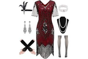WILDPARTY 1920S Women Flapper Dress Sequin Dress V Neck Lace Fringed Dress Costume With Roaring 20s Accessories