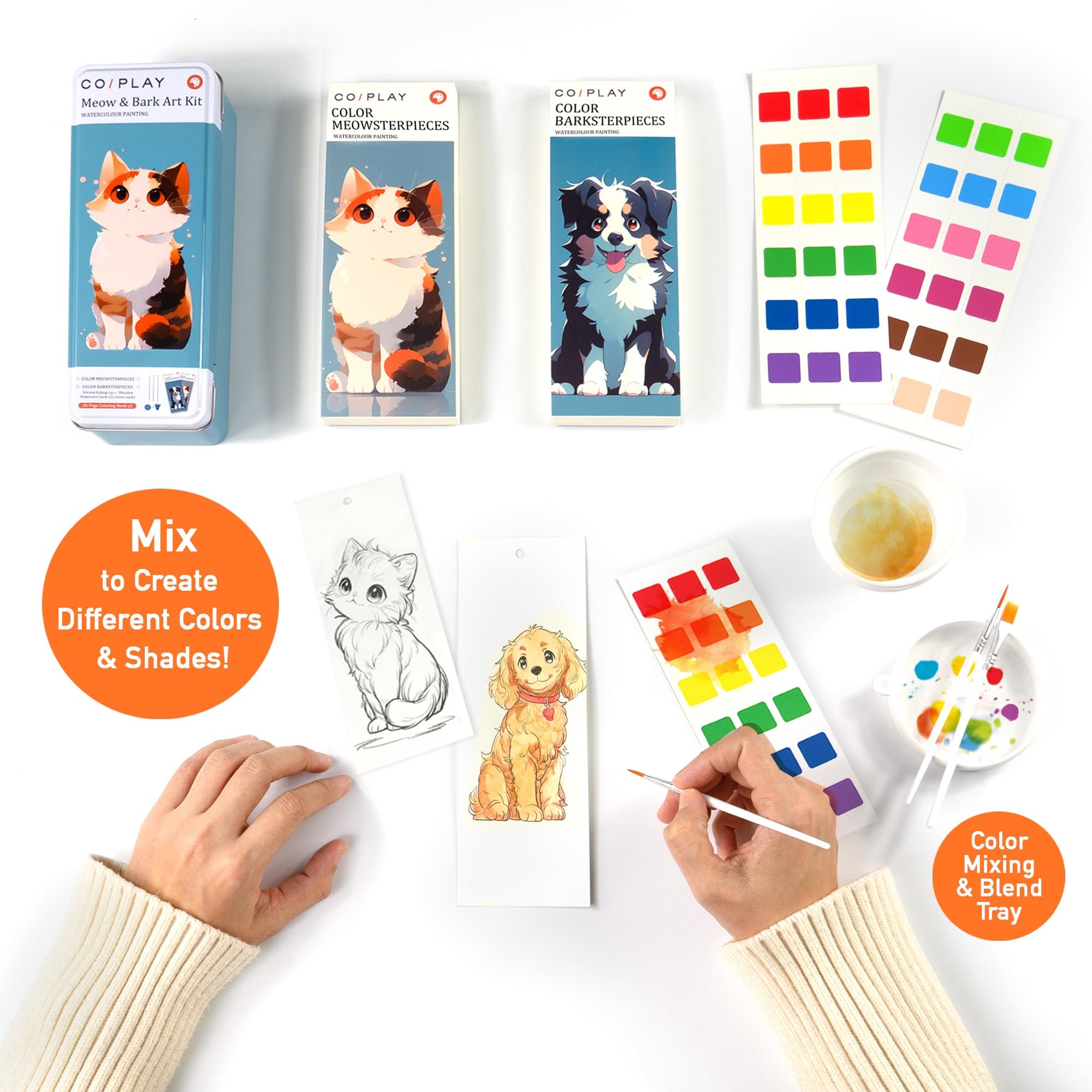 COIPLAY 648 Color Blocks Watercolor Paint Set, 52-Bookmarks, 3 Brushes, Silicone Cup, Meow/Bark Coloring Books, for All Ages, All in One Art Supplies, Birthday Gift, Christmas Gift, Gift for Adults Craft kit