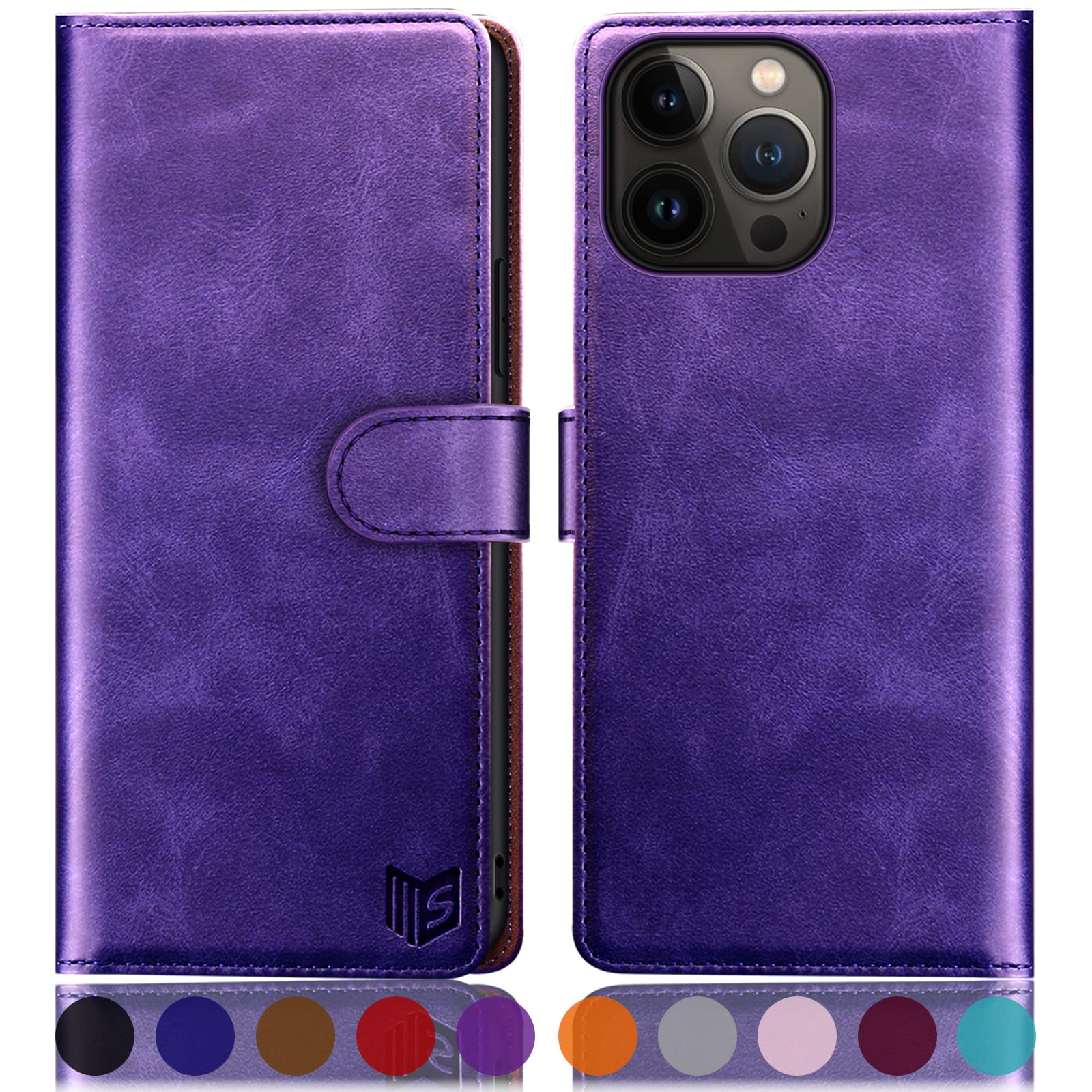 SUANPOT for iPhone 14 Pro 6.1 inch case with [Credit Card Holder][RFID Blocking],PU Leather Flip Book Protective Cover Women Men for Apple 14 Pro Phone case Purple