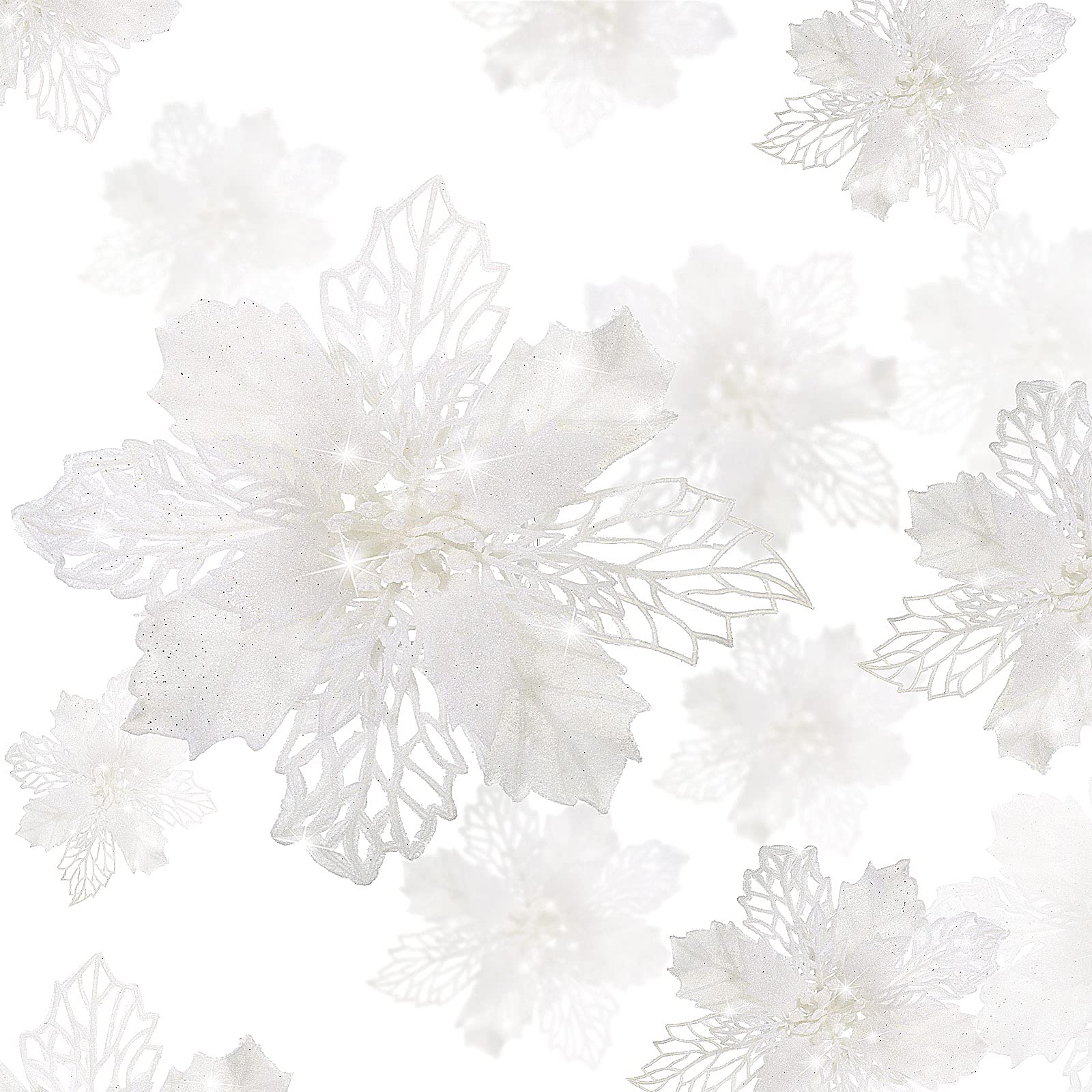 WILLBOND 36 Pieces Christmas Glitter Poinsettia Flowers Glitter Christmas Tree Ornaments Artificial Poinsettia Flowers for Wedding Christmas Wreath Tree Decoration (White)