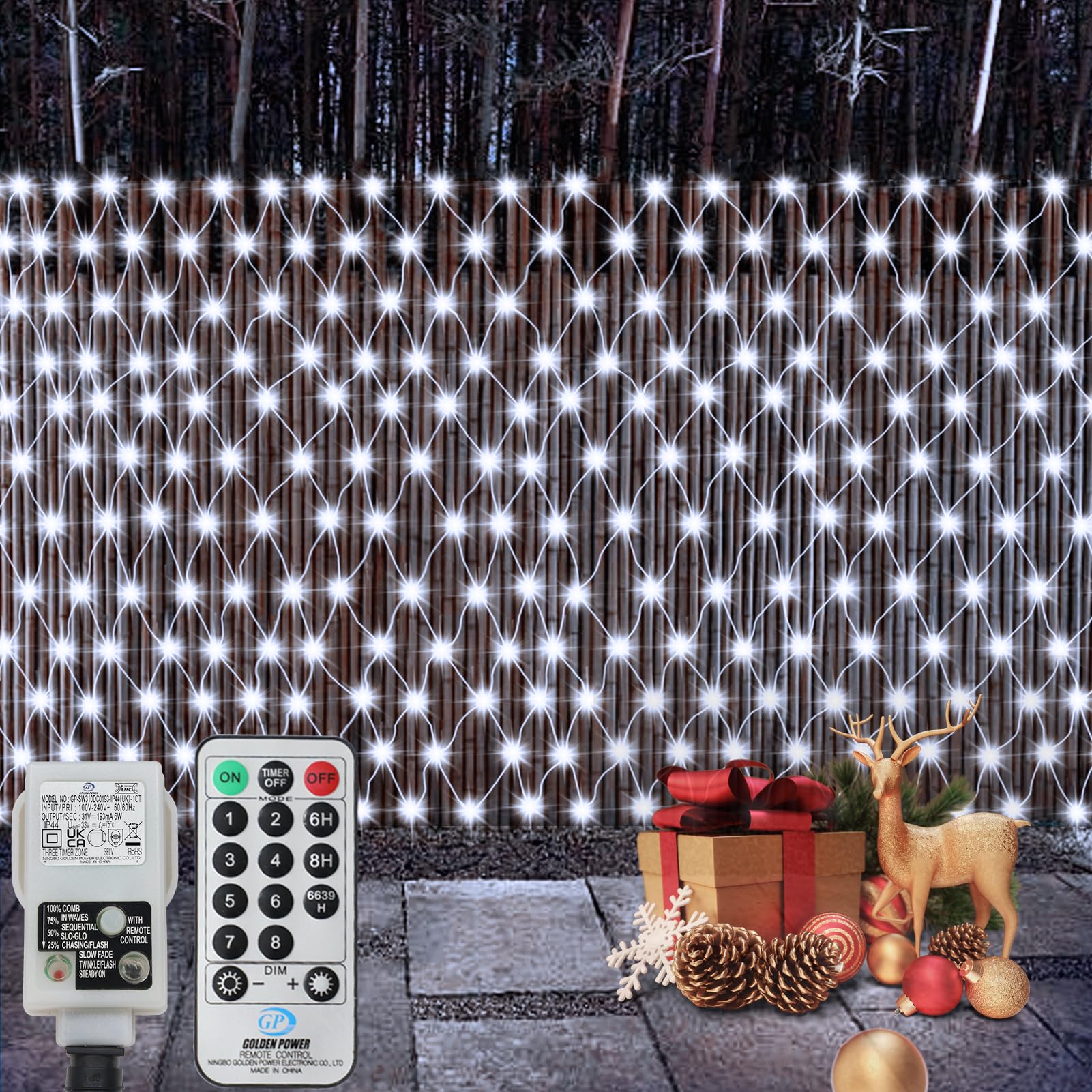 CCILAND 3x2m Christmas Net Lights Outdoor Mains Powered - 200 LED Mesh Light Plug in, 8 Modes 30V Low Voltage Garden Bush String Lights for Shrub Fence Backyard Patio Lawn Window (Cool White)